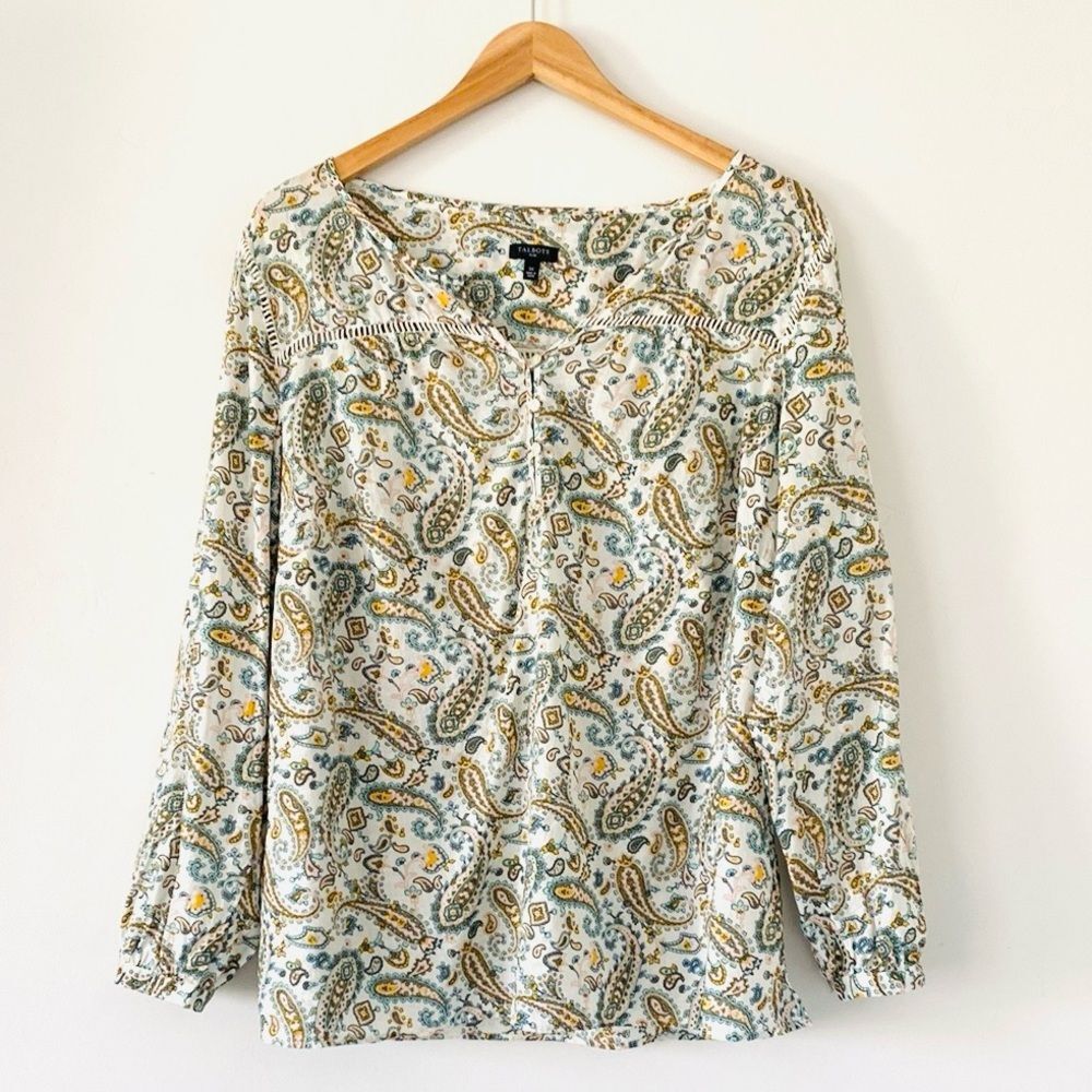 Talbots Pastel Color Paisley Print Long Sleeve Cotton Blouse sz 1X Boho Beach